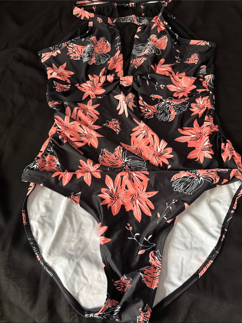 Black One-Piece Swimsuit with Coral Floral Print